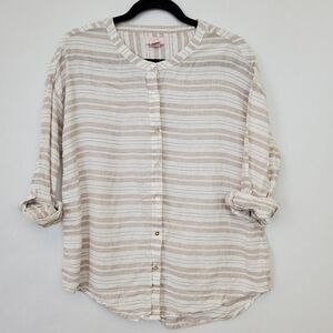 St Tropez Top Womens Small Linen Striped Roll Tab Sleeve Button Front Striped